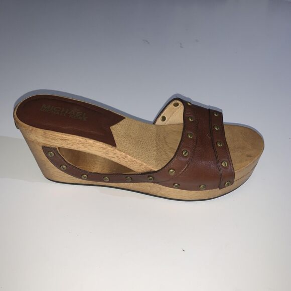 Michael Kors Shoes Womens 7.5 Leather Wood Platform Studded Wedge Sandals - Picture 2 of 9